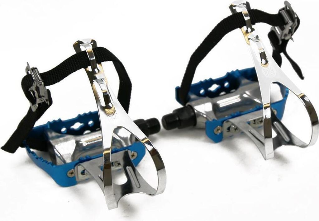 Rennrad Fahrradpedale Blau mit Retro Pedalhaken und Nylonriemen