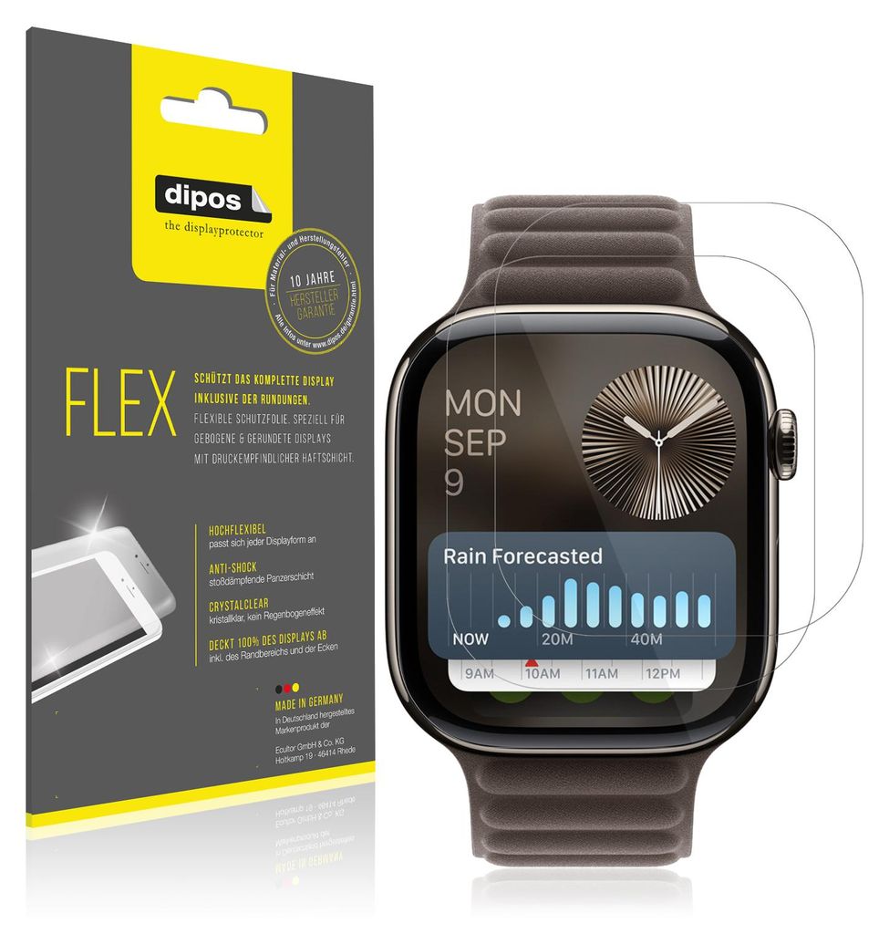 A product shot featuring packaging and the product itself, an Apple Watch with a screen protector applied.
