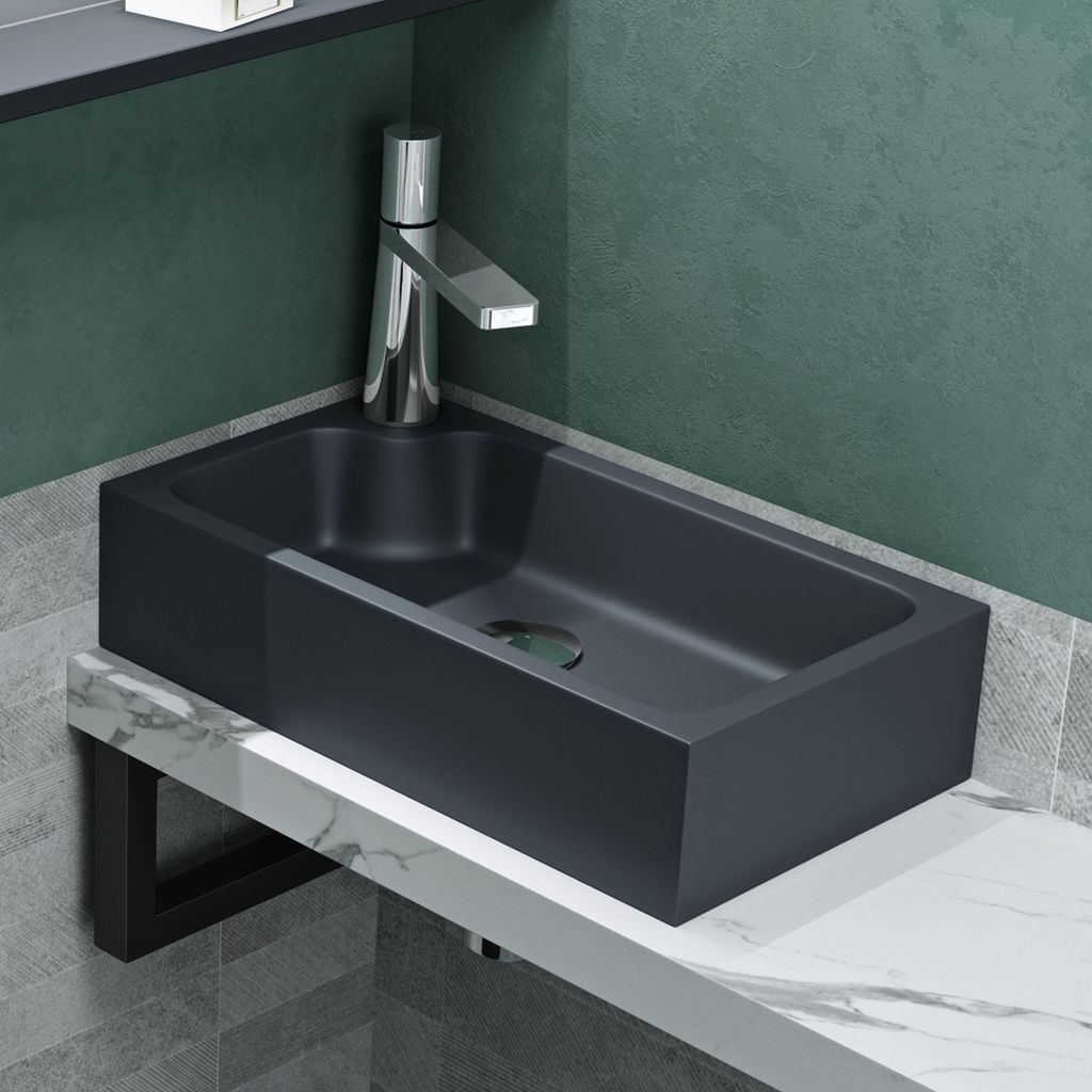 Mai & Mai Waschbecken Gäste WC Aufsatzwaschbecken mit Hahnloch 46x26x11cm Mineralguss Eckig Klein Waschschale matt Anthrazit Waschplatz Col101