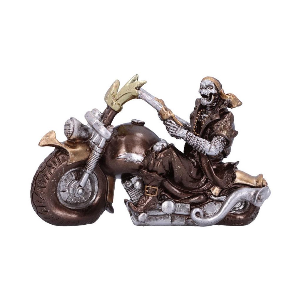 Skeletts, das auf einem Motorrad sitzt.  Trägt eine braune Kutte und eine goldene Kette.