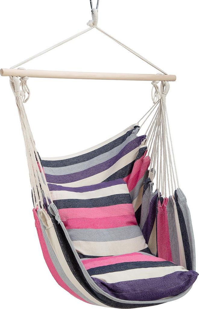 A striped hanging chair with a pillow.