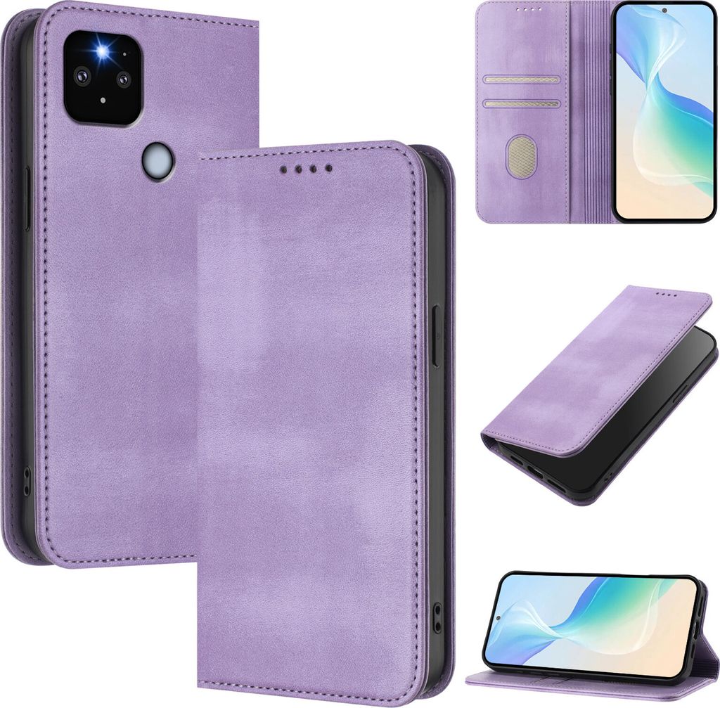 Handyhülle für Google Pixel 5 XL / Pixel 4A 5G, Vintage Leder RFID Schutz Kartenfach Standfunktion Magnetische Klapphülle Violett