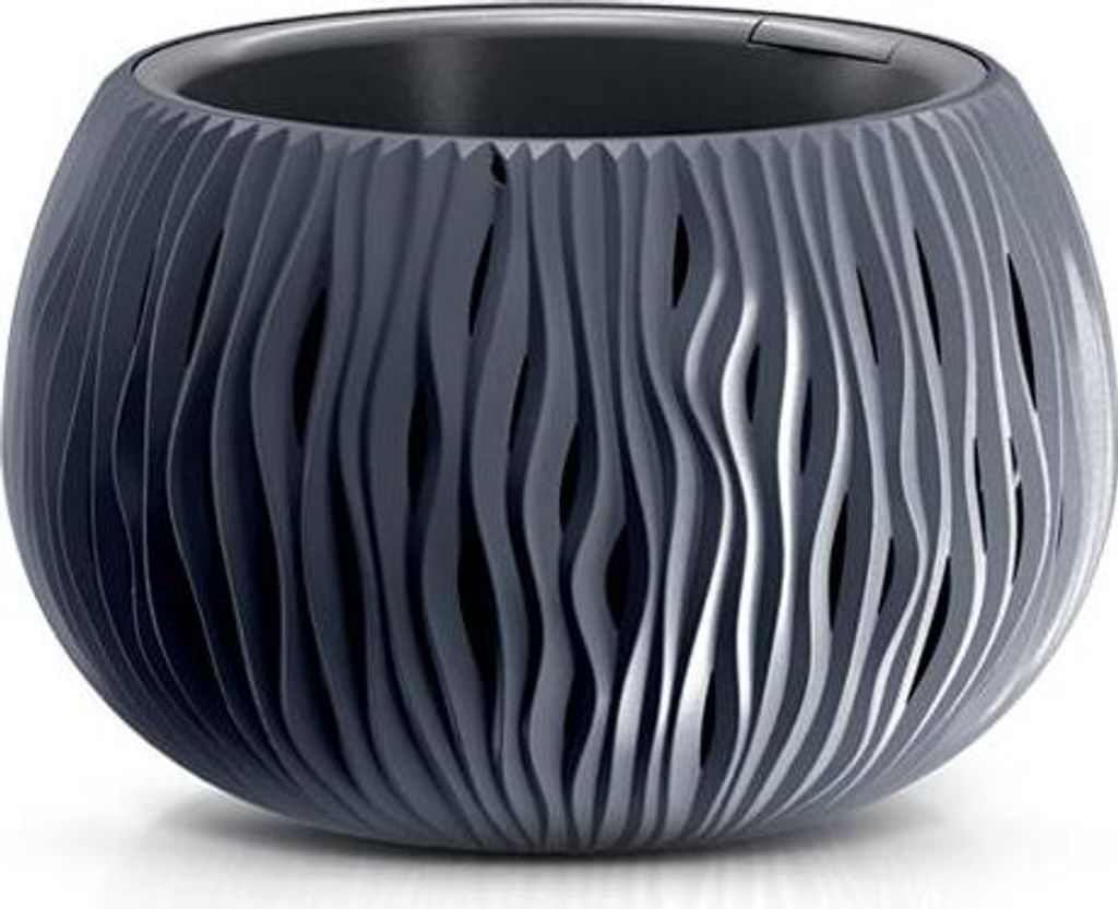 A dark gray, spherical planter with a wavy, textured exterior.