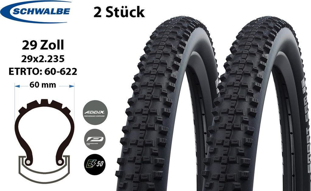 2 Stück 29 Zoll SCHWALBE SMART SAM Reifen 60-622 ADDIX 29x2.35 Draht