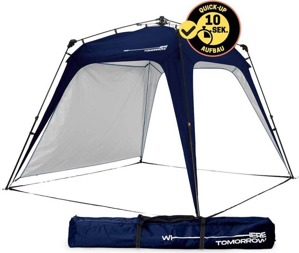 A navy blue pop-up pavilion is shown set up on a white background, with its carrying bag placed in front of it.