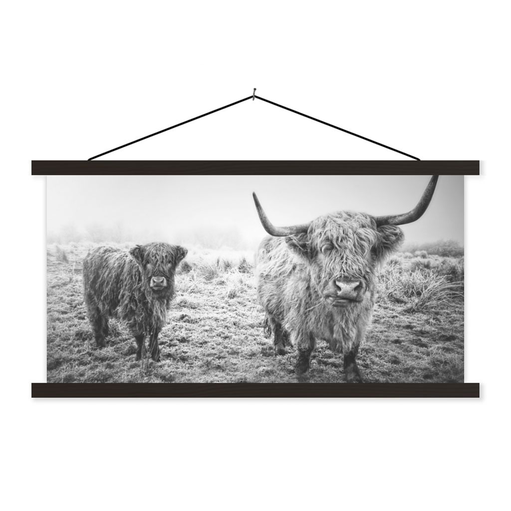 MuchoWow Textilposter Schottische Hochlandbewohner - Licht - Himmel - Natur 150x75 cm mit schwarzem Rahmen - Posterleiste