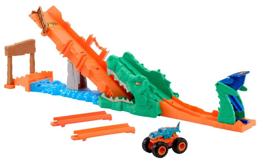 Hot Wheels Monster Trucks Crocodile Crash Challenge Spielset und Mega-Wrex-Spielfahrzeug im Maßstab 1:64, Fahrzeug- & Schienen-Set, 4 Jahr(e), Kun...