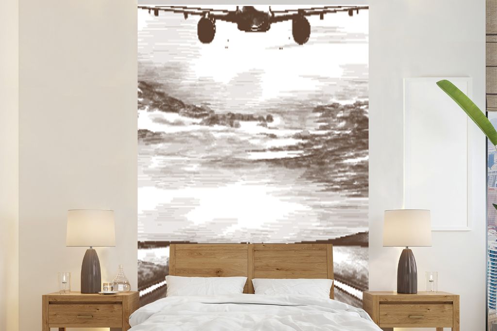 MuchoWow Fototapete für Wohnzimmer oder Schlafzimmer Wandtapete Vinyl Motivtapete Flugzeug - Luft - Schwarz - Weiß - 145x220 cm - Wanddekoration