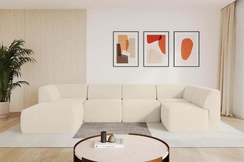 ALTDECOR Ecksofa Wohnlandschaft MOVO-L 345x180x78 cm - Beige Bouclé Corner Sofa Eckcouch Couch U-Form, Links angeordnet Ausziehbar