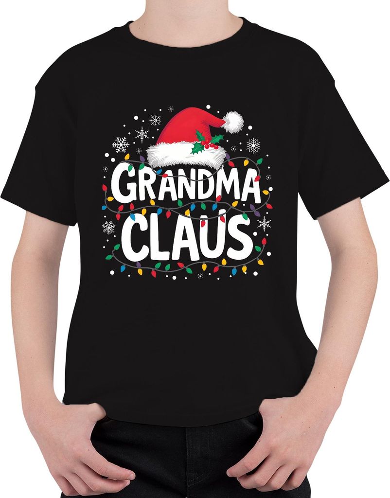 Grandma Claus Oma Weihnachten Lichterkette Schneeflocken Geschenk Uni Kinder T-Shirt, Schwarz, 104