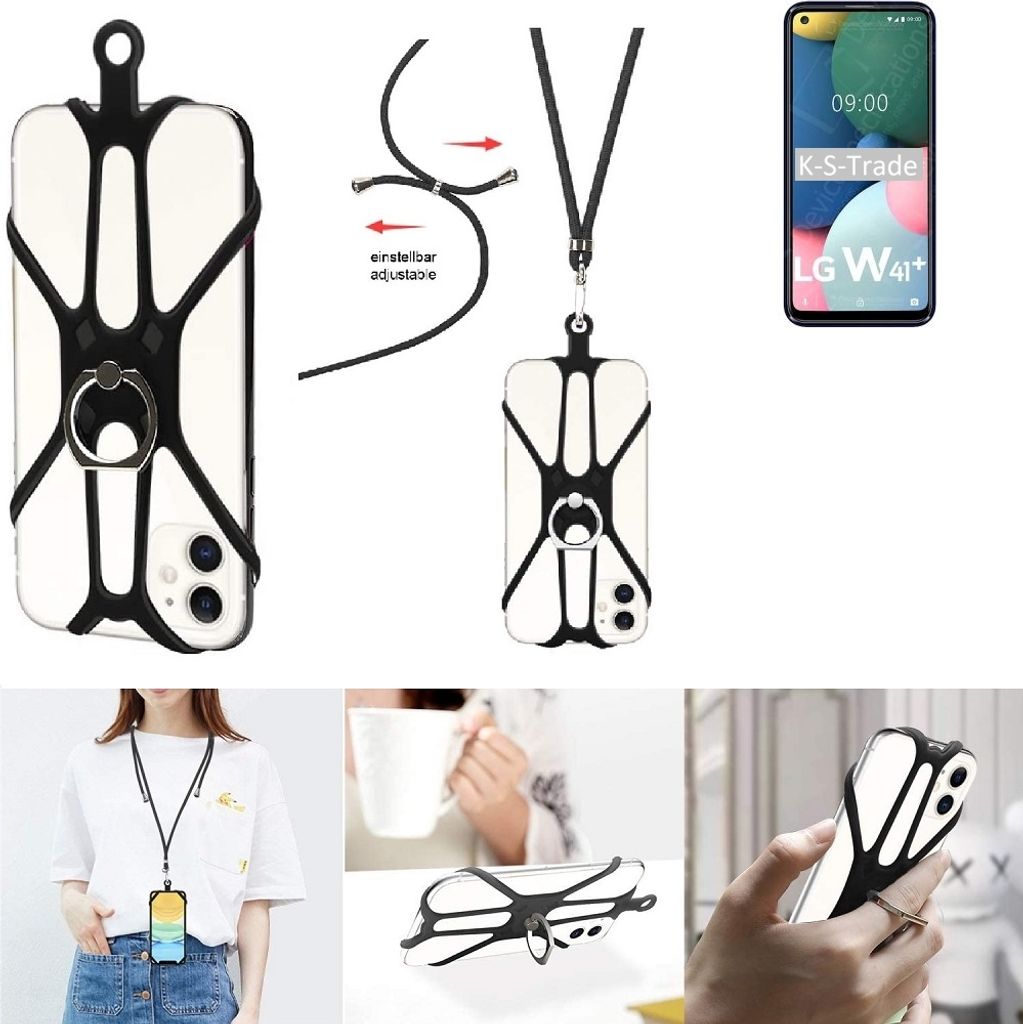 K-S-Trade 3in1 Handykette Handyband Handykordel Halsband Smartphone-Ring Handy-Ring kompatibel mit LG Electronics W41 Plus Fingerhalterung Handyring