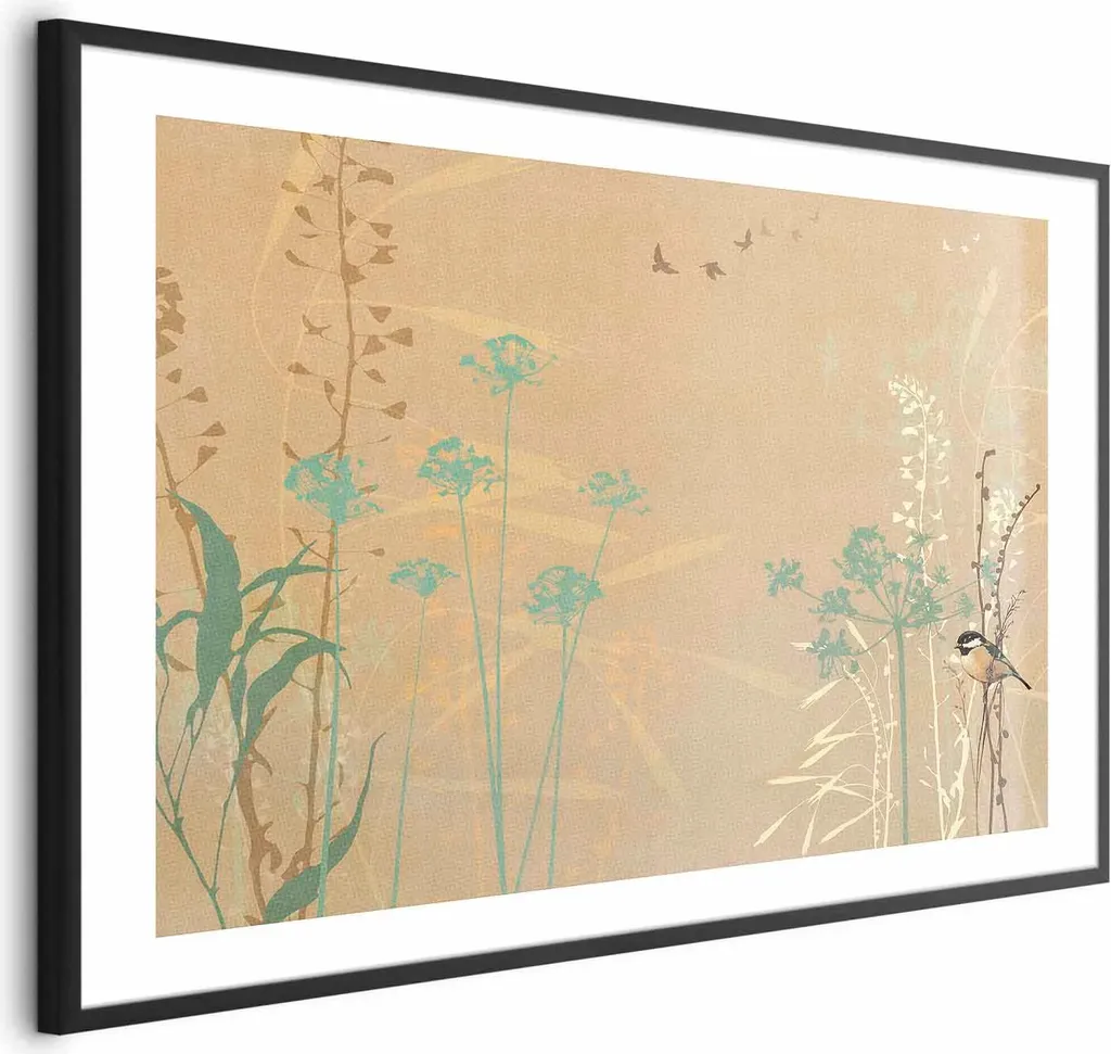 Stampa Vintage Uccello su Prato 60x40 Cornice Nera Margine Bianco