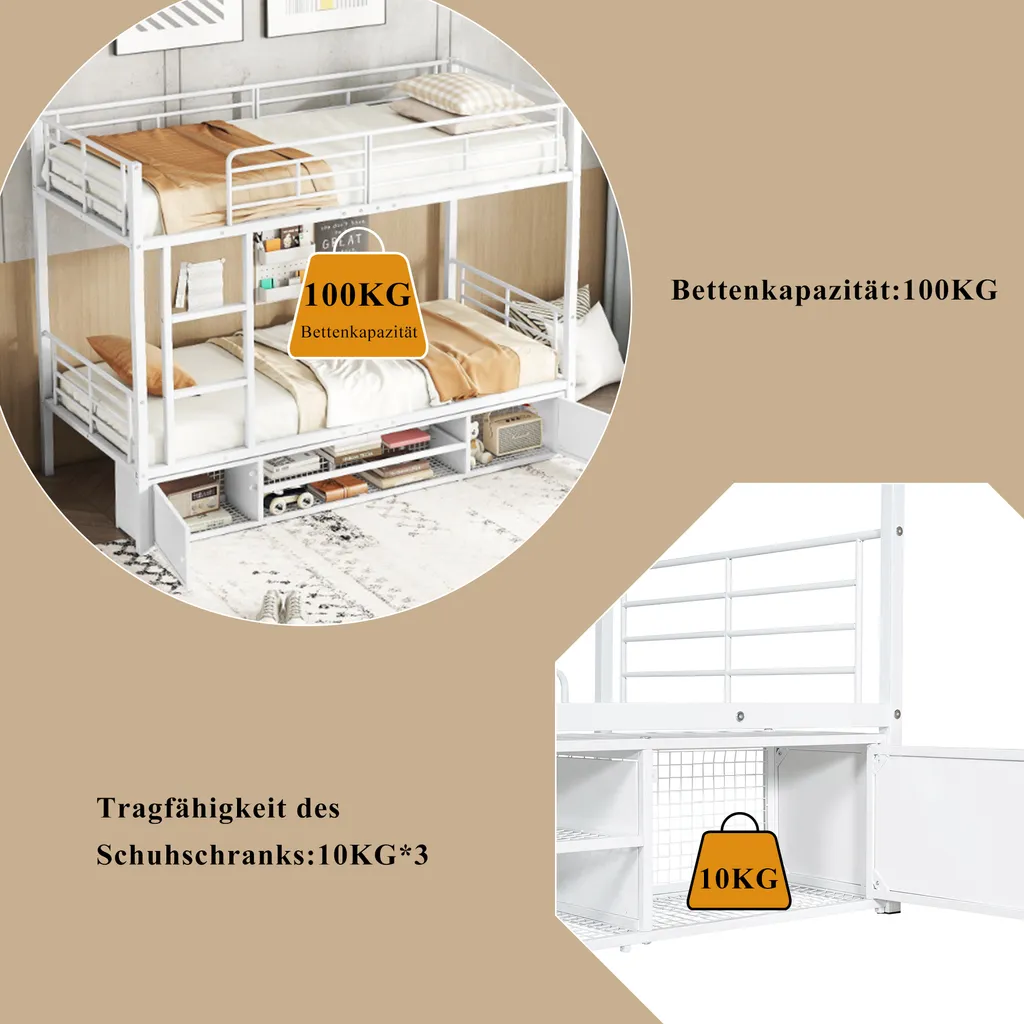 Lit superposé blanc en métal avec barrière anti-chute et armoire 2 portes - 6