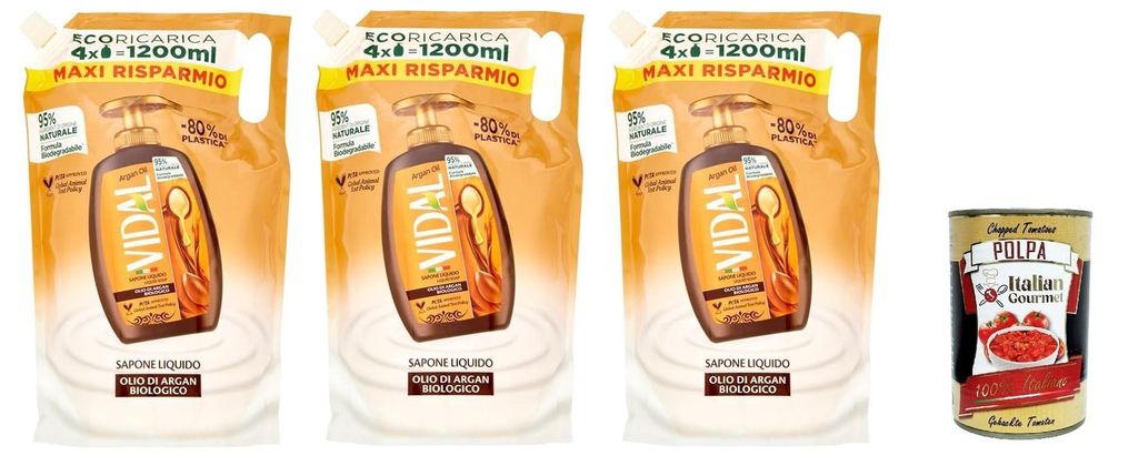 Vidal Olio di Argan Sapone FlüssigseifeArganöl,Eco Recharge Seife 3x 1200ml + Italian Gourmet polpa 400g