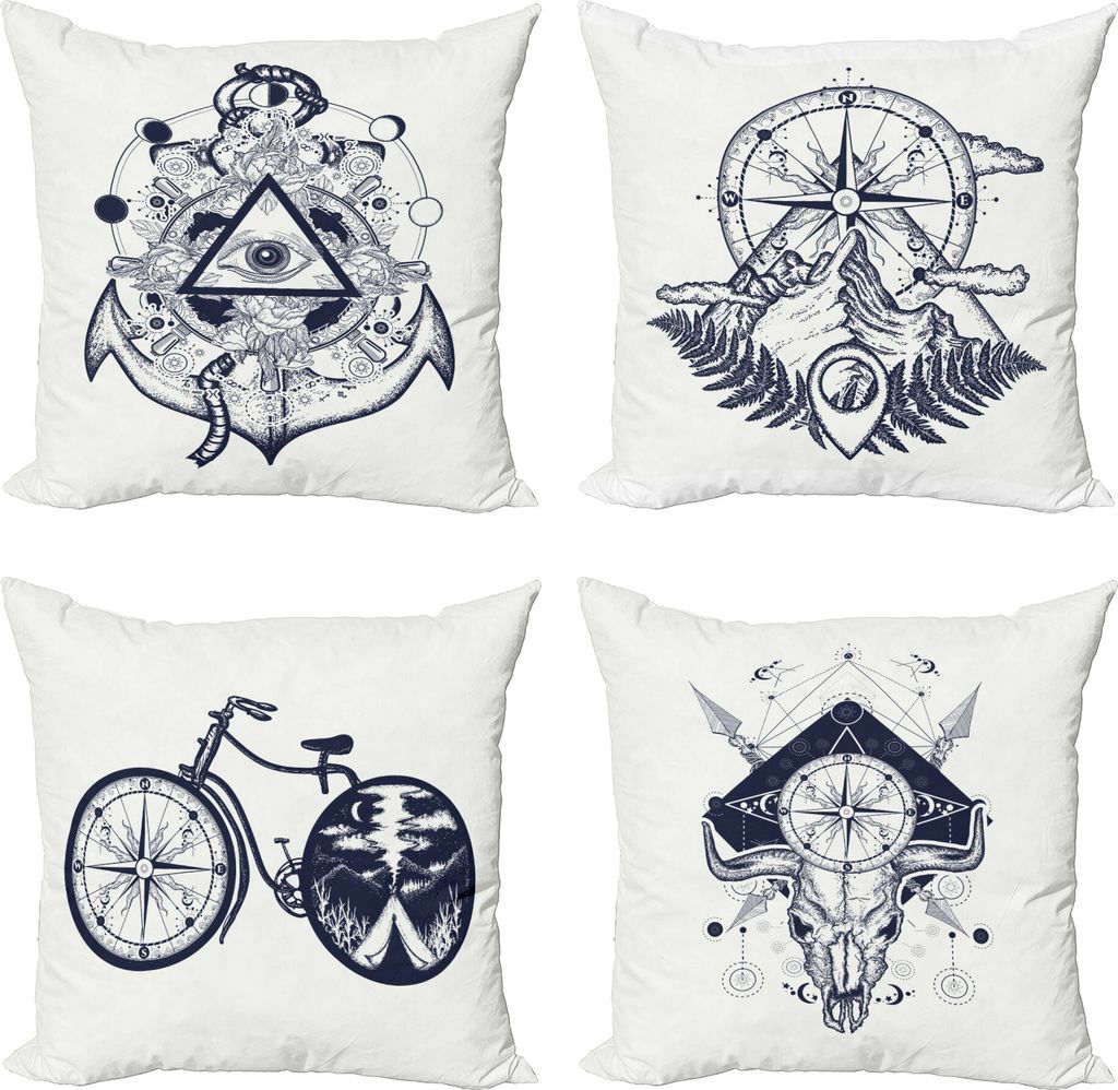 ABAKUHAUS Fantasie Dekokissen Kissenbezug 4er Pack, Bull-Schädel-Anker Berg, Modern Accent Doppelseitiger Digitaldruck, 40 x 40 cm, Dunkelblau Weiß