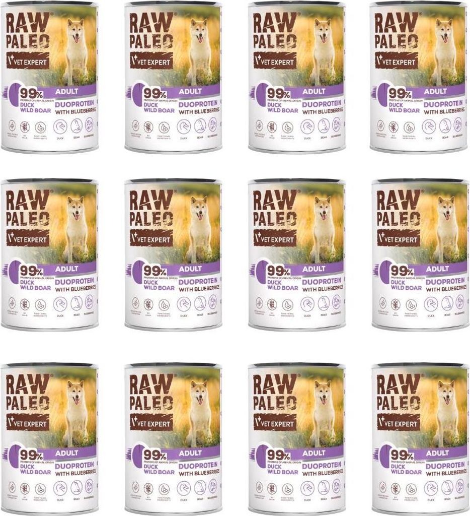 Rohe Paleo-Hundenahrung Ente & Wildschwein 12x400g