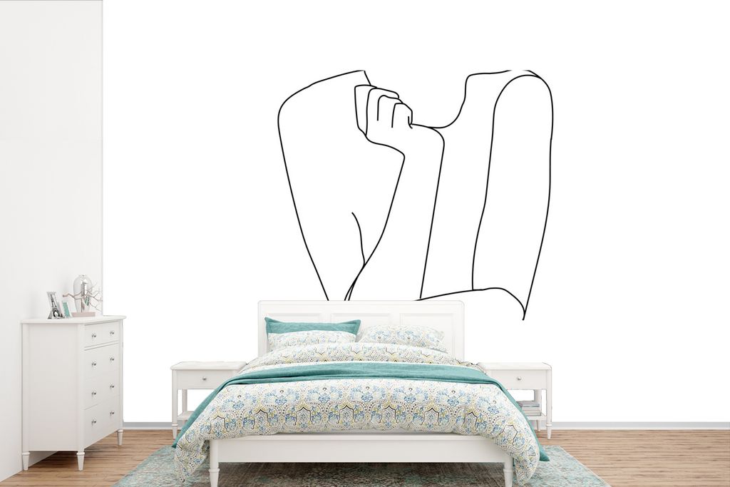 MuchoWow Fototapete für Wohnzimmer oder Schlafzimmer Wandtapete Vinyl Motivtapete Strichzeichnung - Frau - Schwarz - Weiß - 360x240 cm - Vinyl-...