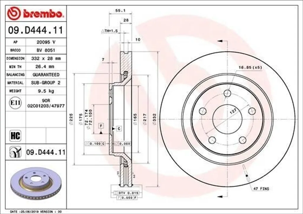 Disque de frein pour remplacement Jeep Wrangler III Brembo 09.D444.11 JK