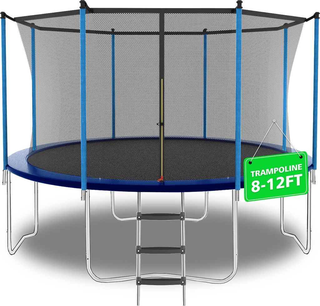okwish Outdoor-Trampolin Garten-Trampolin mit Edelstahlrahmen und Federsystem,Trampolinlage mit Sprungmatte und abnehmbare 360°-Sicherheitsnetz,blau