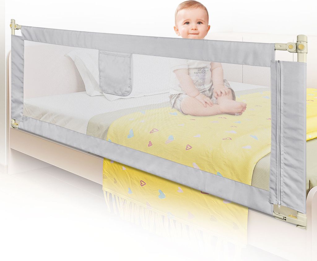 200cm Baby Bettgitter Kinder Bettgitter Bettschutzgitter Höhenverstellbar Rausfallschutz für Bett hellgrau