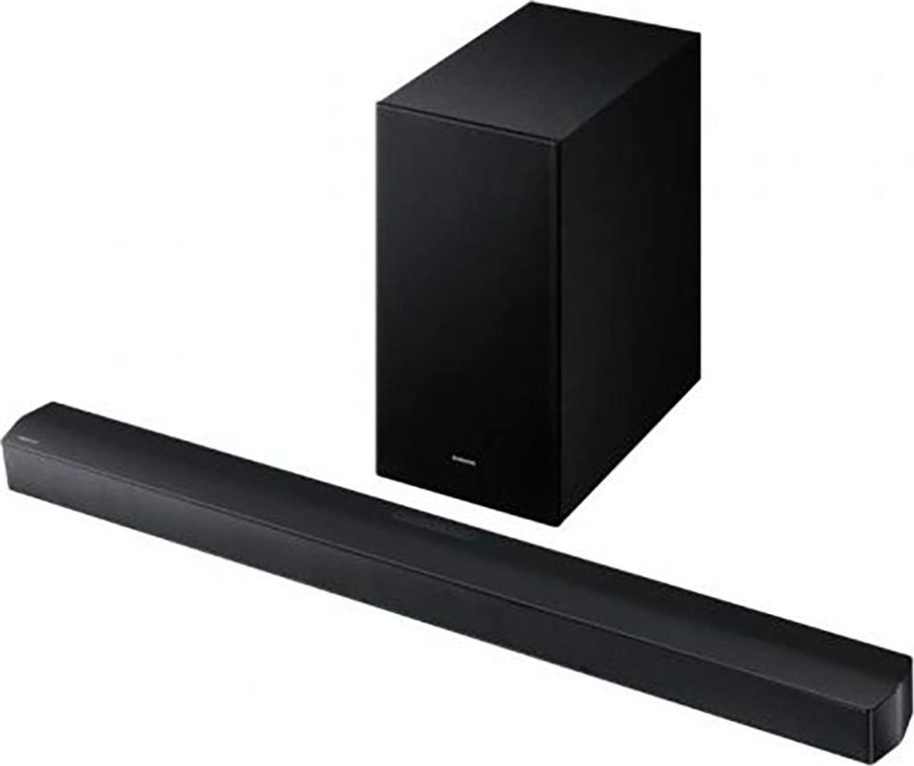 A black soundbar and subwoofer are displayed against a white background.