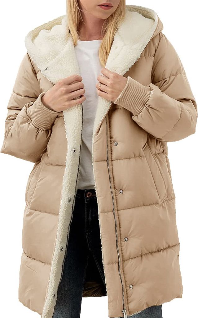 ASKSA Damen Wintermantel Lang Warm Daunenjacke Winterjacke Laessig Fleecejacke Outdoor Casual Kapuzenmantel (Khaki,3XL)