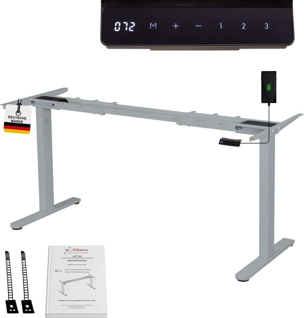 Albatros höhenverstellbares Schreibtisch Tischgestell elektrisch | LIFT S5 Silber| Gestell, Tischbeine, Tischfüße Metall | Display | 120Kg belas...