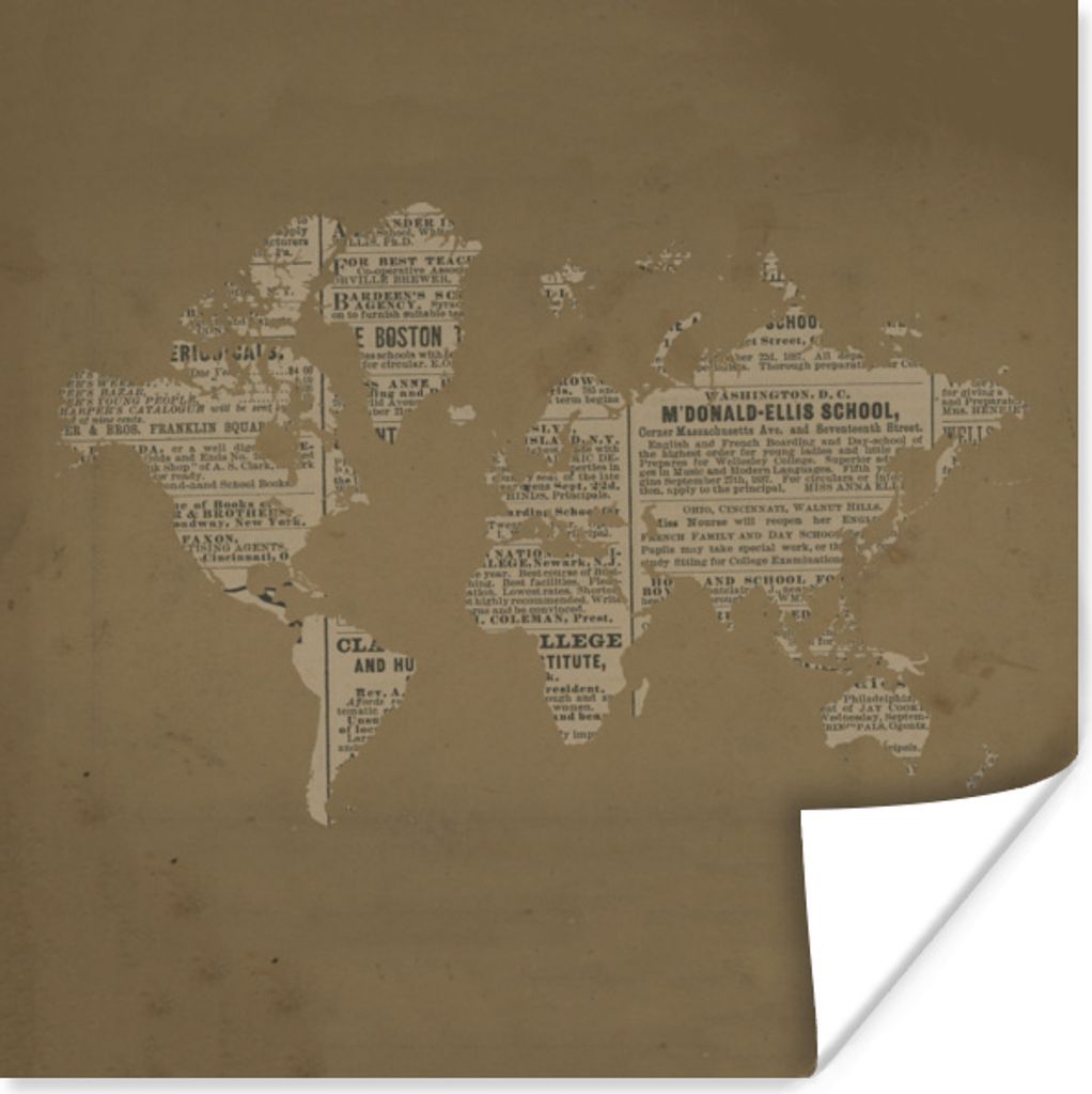MuchoWow Poster Weltkarte - Braun - Zeitung 100x100 cm - Babyzimmer