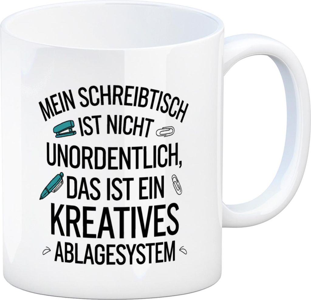 Schreibtisch ist nicht unordentlich, kreatives Ablagesystem Kaffeebecher Büro