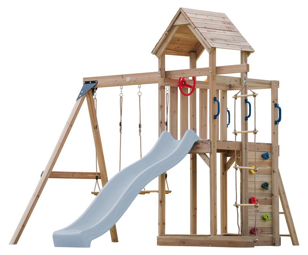 AXI Moos Spielturm aus Holz mit 2 Schaukeln & Strickleiter | XXL Spielhaus / Spielplatz für Kinder mit Kletterwand, Sandkasten & Rutsche in Pastel...