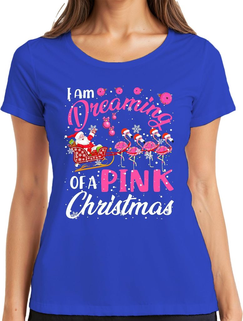 I am Dreaming of a Pink Christmas Flamingo Santa Sleigh Holiday Damen T-Shirt, Blau, 3XL