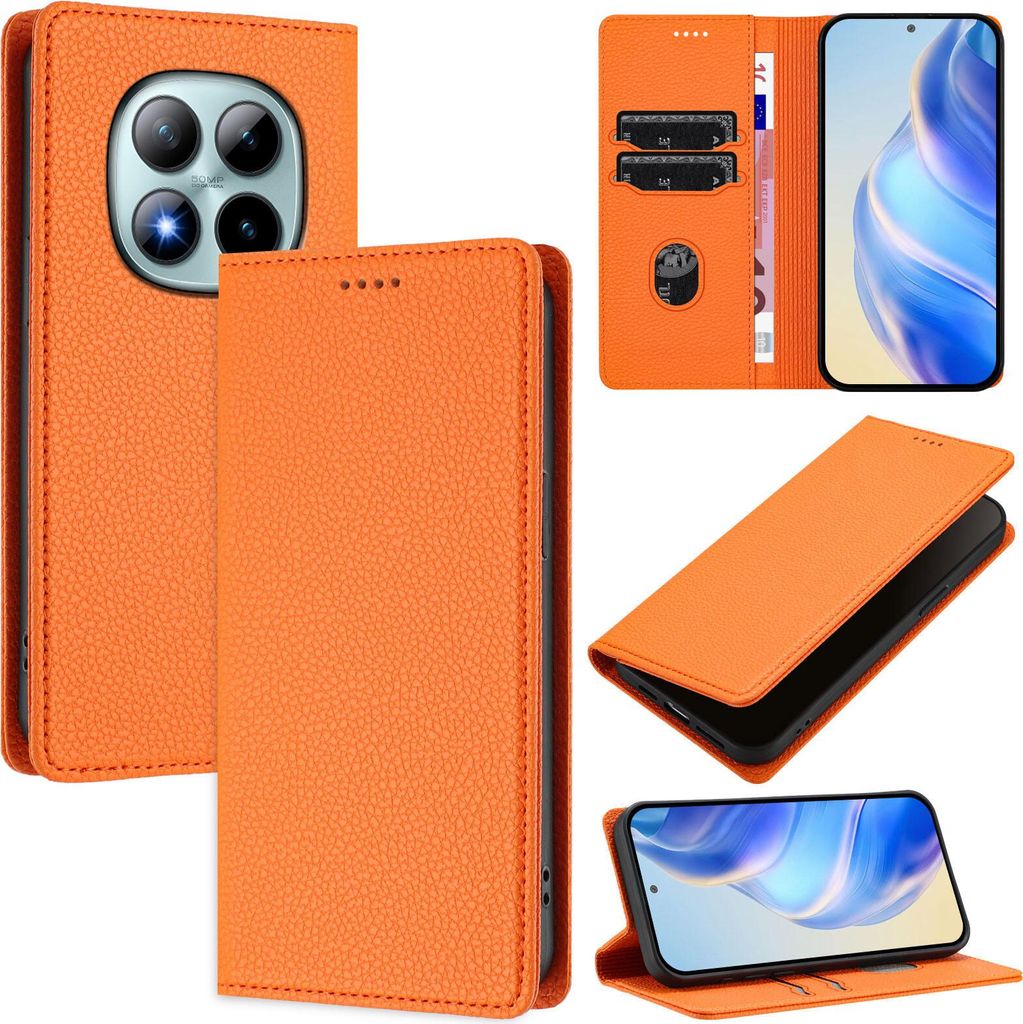 Litchi Leder Handyhülle für Xiaomi Redmi Note 15 Pro+ Wallet Kartenfächer Standfunktion Hülle Orange
