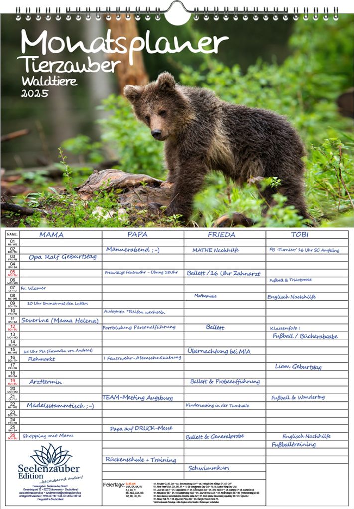 Tierzauber Waldtiere Planer Wandplaner Familienplaner 4 Spaltenplaner DIN A3 Kalender für 2025 Tiere im Wald - Seelenzauber