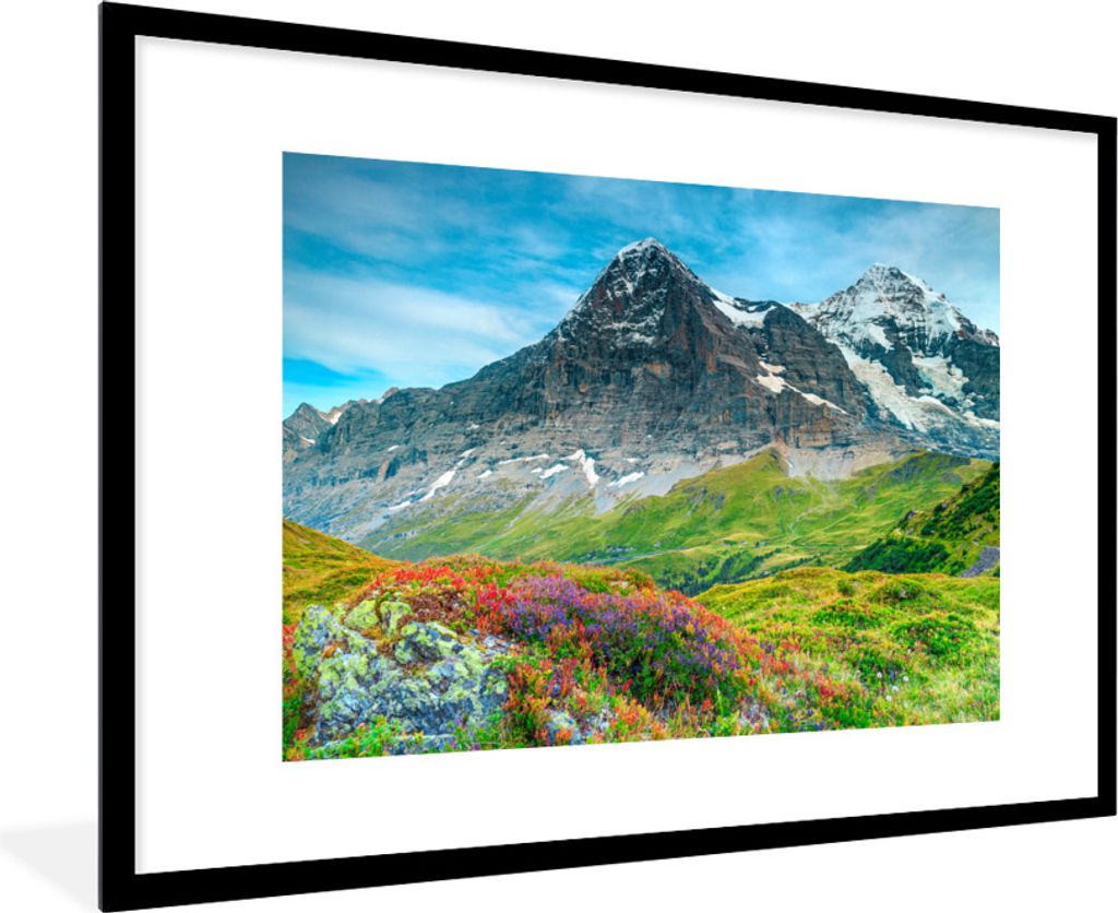 MuchoWow Gerahmtes Poster Blumenwiese in den Schweizer Alpen 90x60 cm - Poster mit Schwarzem Bilderrahmen Wandposter Rahmen Foto Bilder - Wanddek...