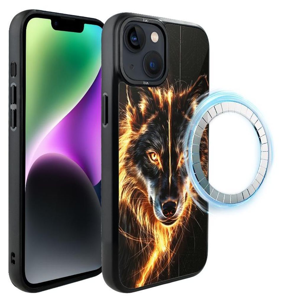 Schutzhülle für das iPhone 14 Plus, MagSafe-kompatibel, mattschwarze Seiten, Wolf, Feuer