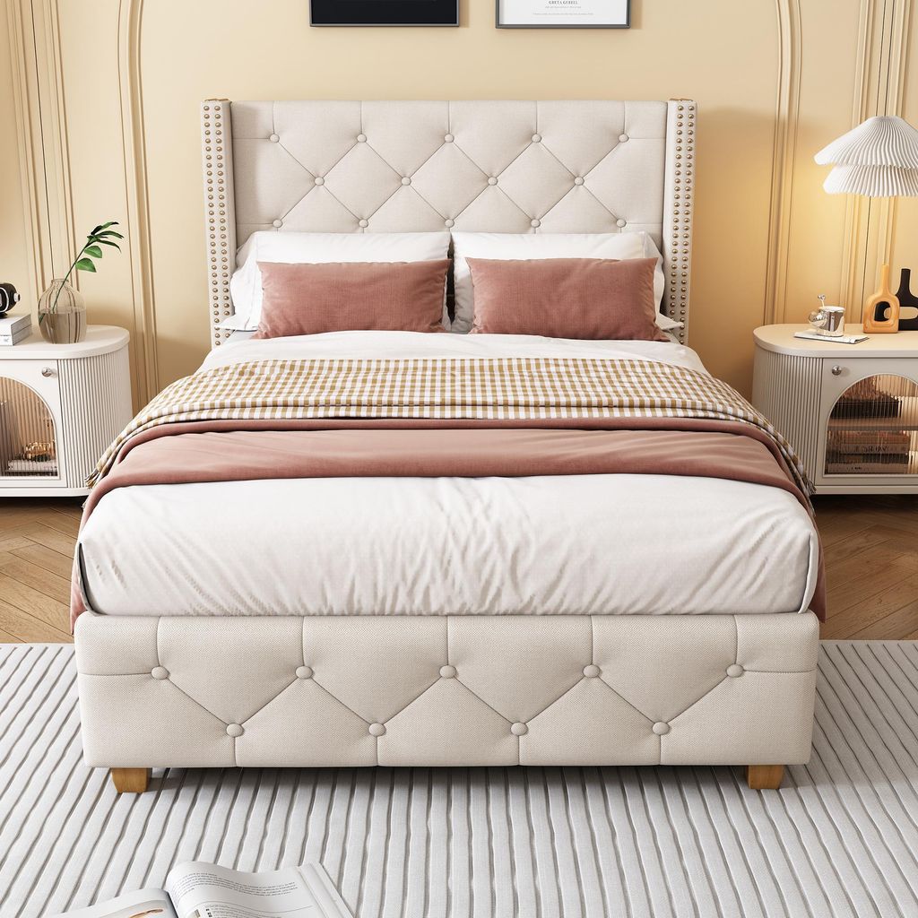 A bedroom scene with a bed as the main focus.