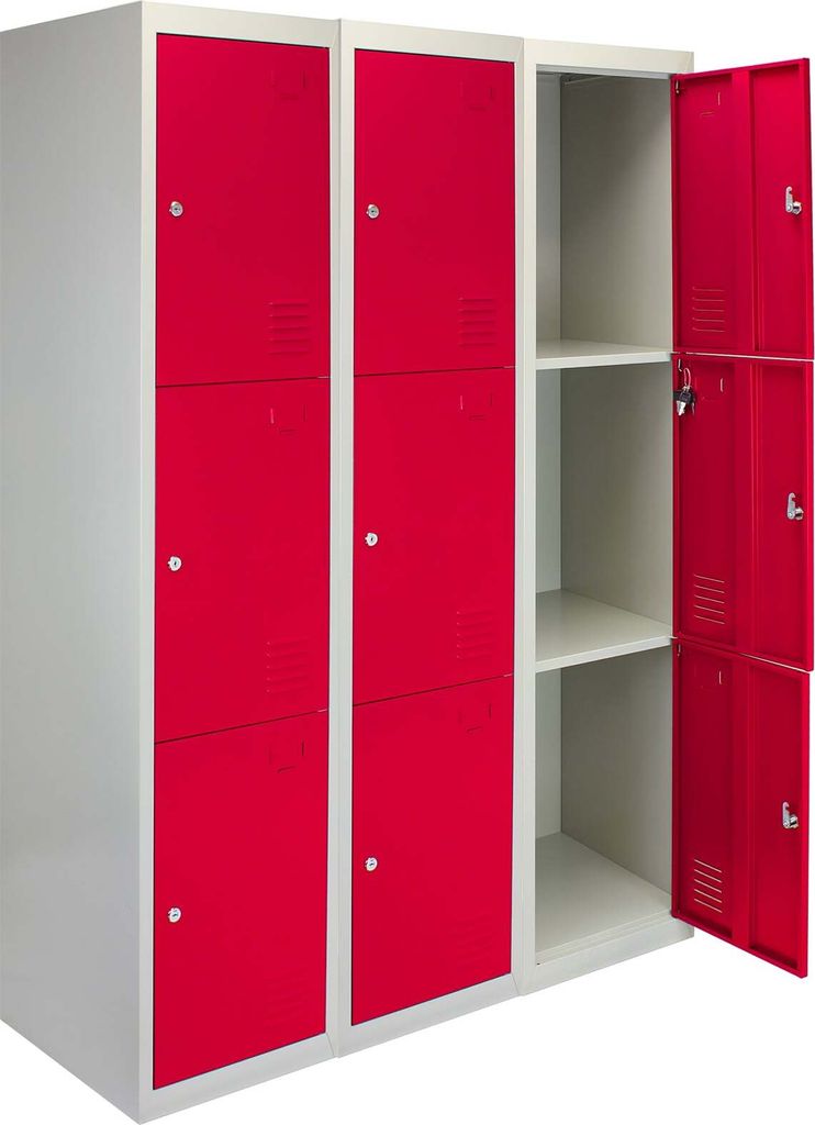 3 x Fächerschrank Umkleideschrank Schließfach Spind Schrank Metallschrank rot