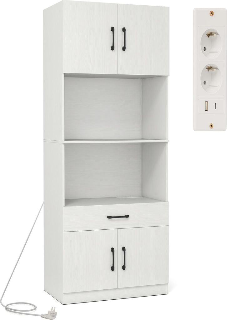 A white kitchen cabinet with shelves, a drawer, and doors, shown with a power outlet strip to the right and a power cord extending from the bottom left.