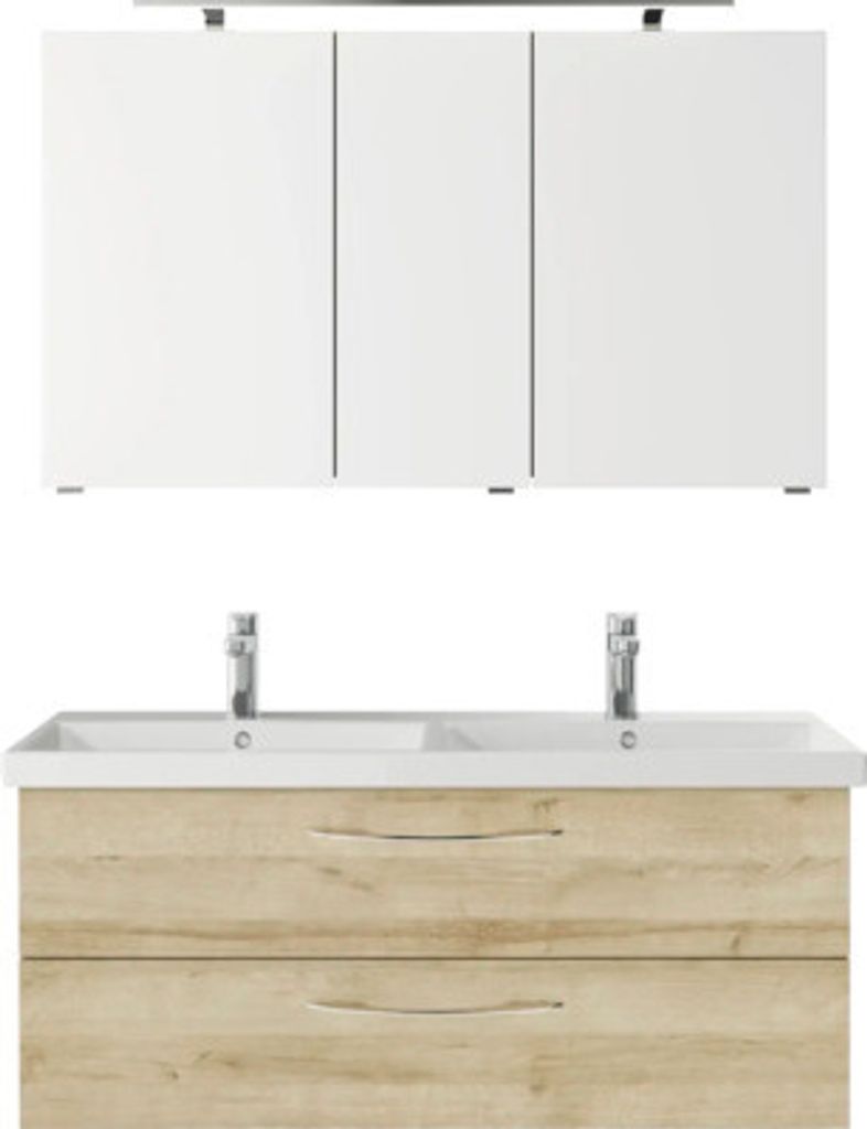 Badmöbelset 3-teilig Pelipal Serie 4035 BxHxT 120 x 200 x 45 cm Frontfarbe eiche riviera mit Waschtisch Keramik weiß und