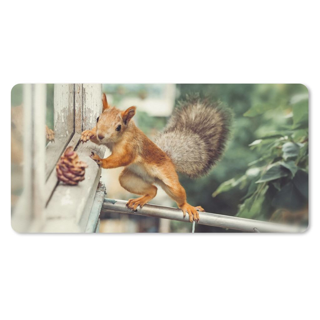 MuchoWow Mauspad Mousepad Eichhörnchen - Fenster - Herbst - Tannenzapfen 60x30 cm - Mousepads - Maus Mat - Pad - Mausunterlage - Nachhaltig