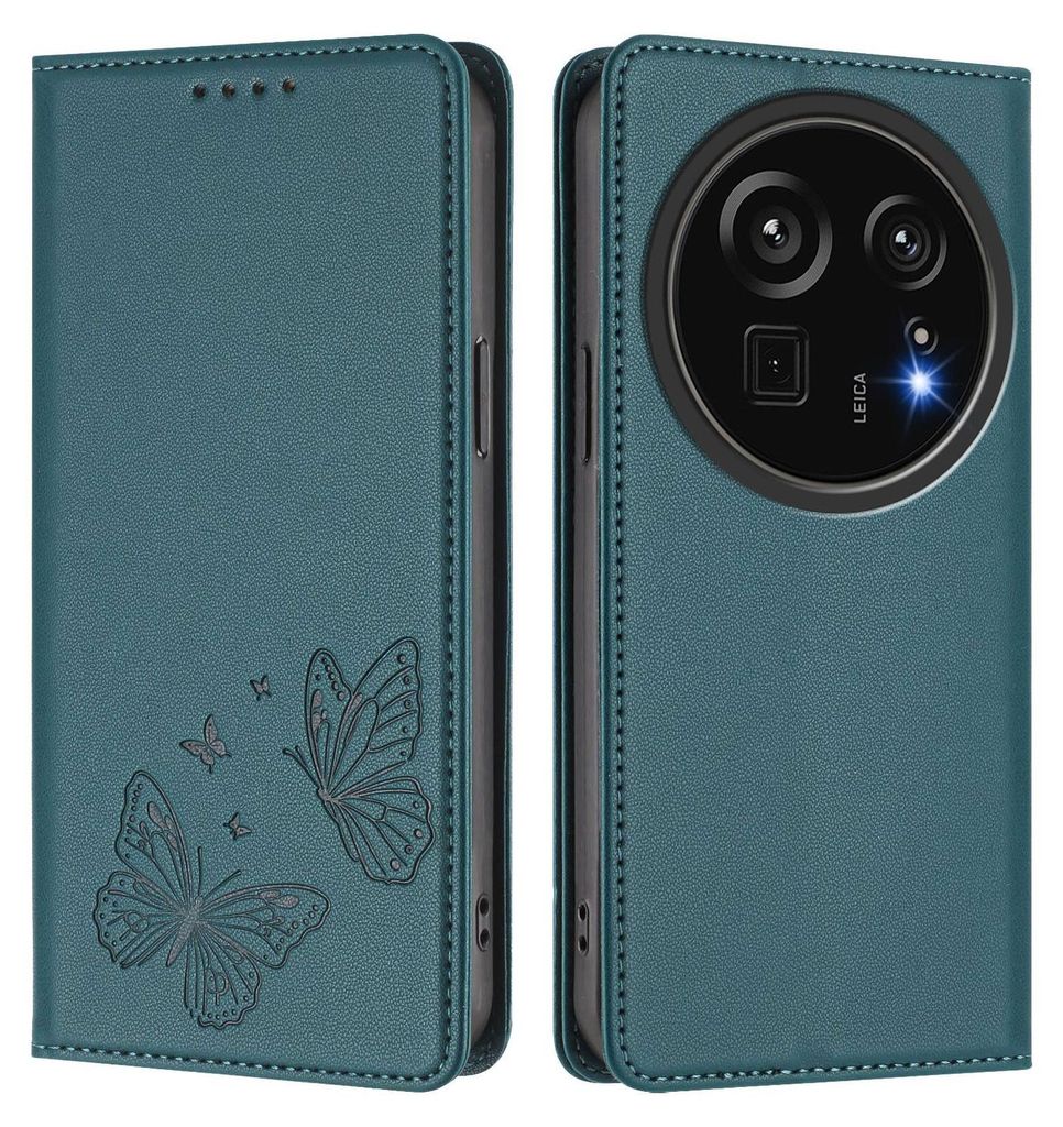 Lederhülle für Sharp Aquos R9 pro, Schmetterling Prägung Leder Brieftasche Schutzhülle mit Ständer Grün