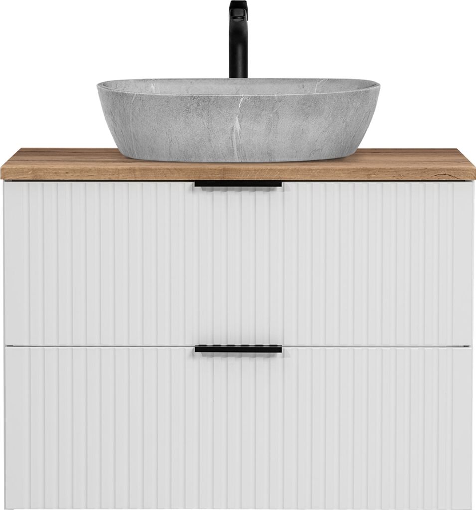 Waschtisch 80cm mit Aufsatzbecken in Betonoptik, weiß mit Eiche Nb., Front gerillt, ADELAIDE-56-WHITE
