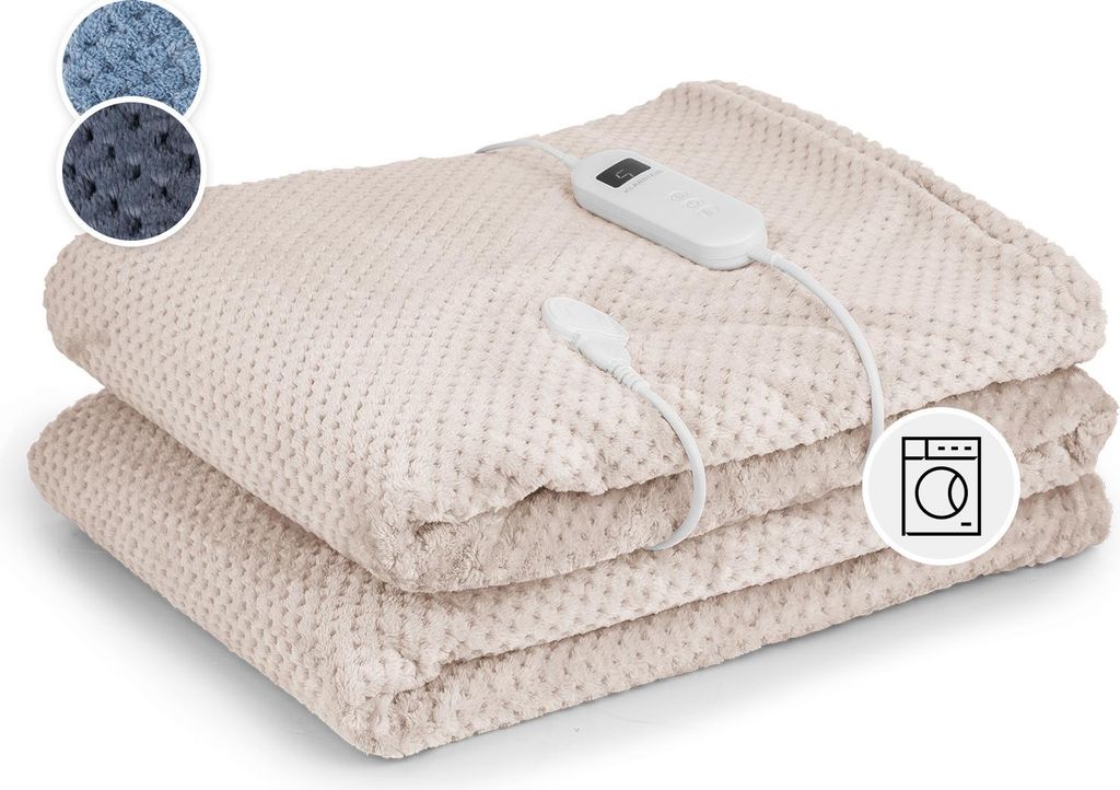 A folded beige electric blanket with a controller and two circular swatches showing different textures and colors of the blanket.