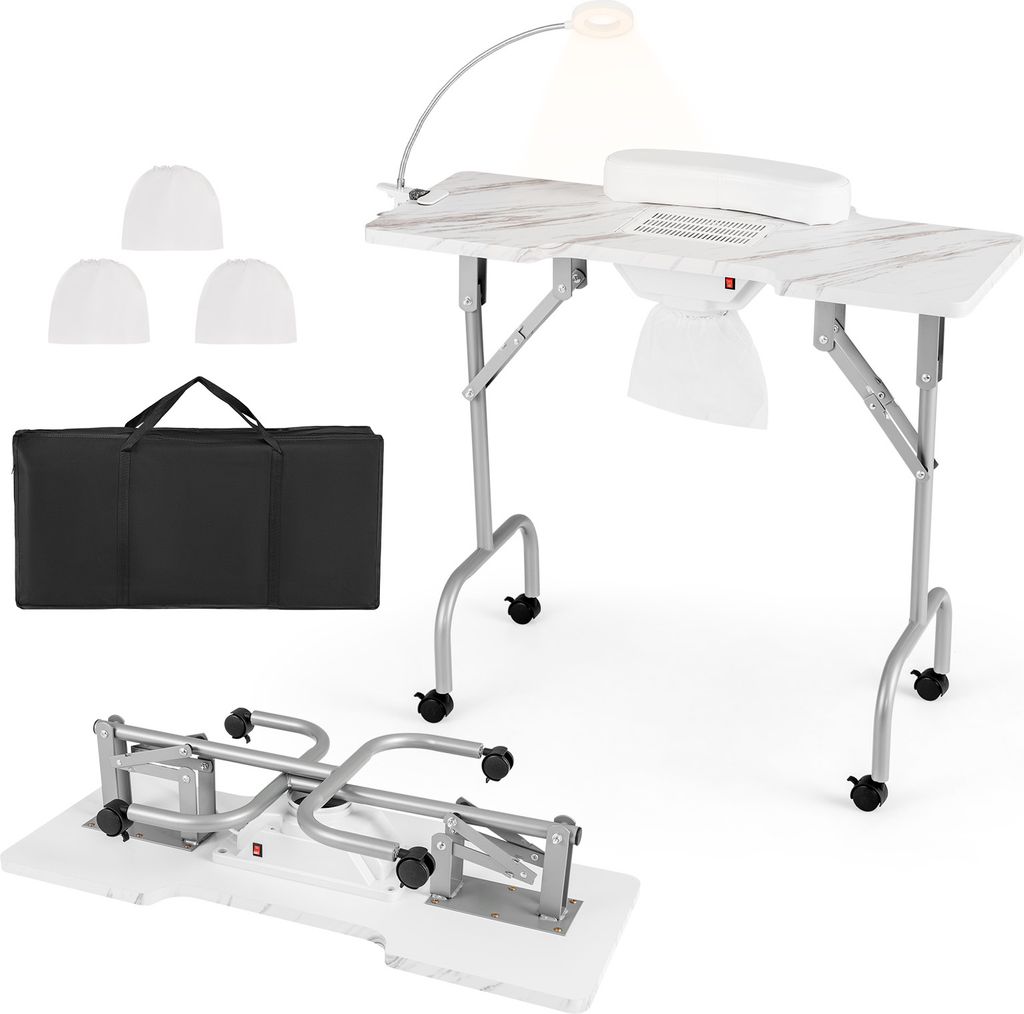 COSTWAY Zusammenklappbarer Maniküretisch mit elektrischem Staubsammler, tragbarer Nageltechniker-Schreibtisch mit LED-Lampe Weiß