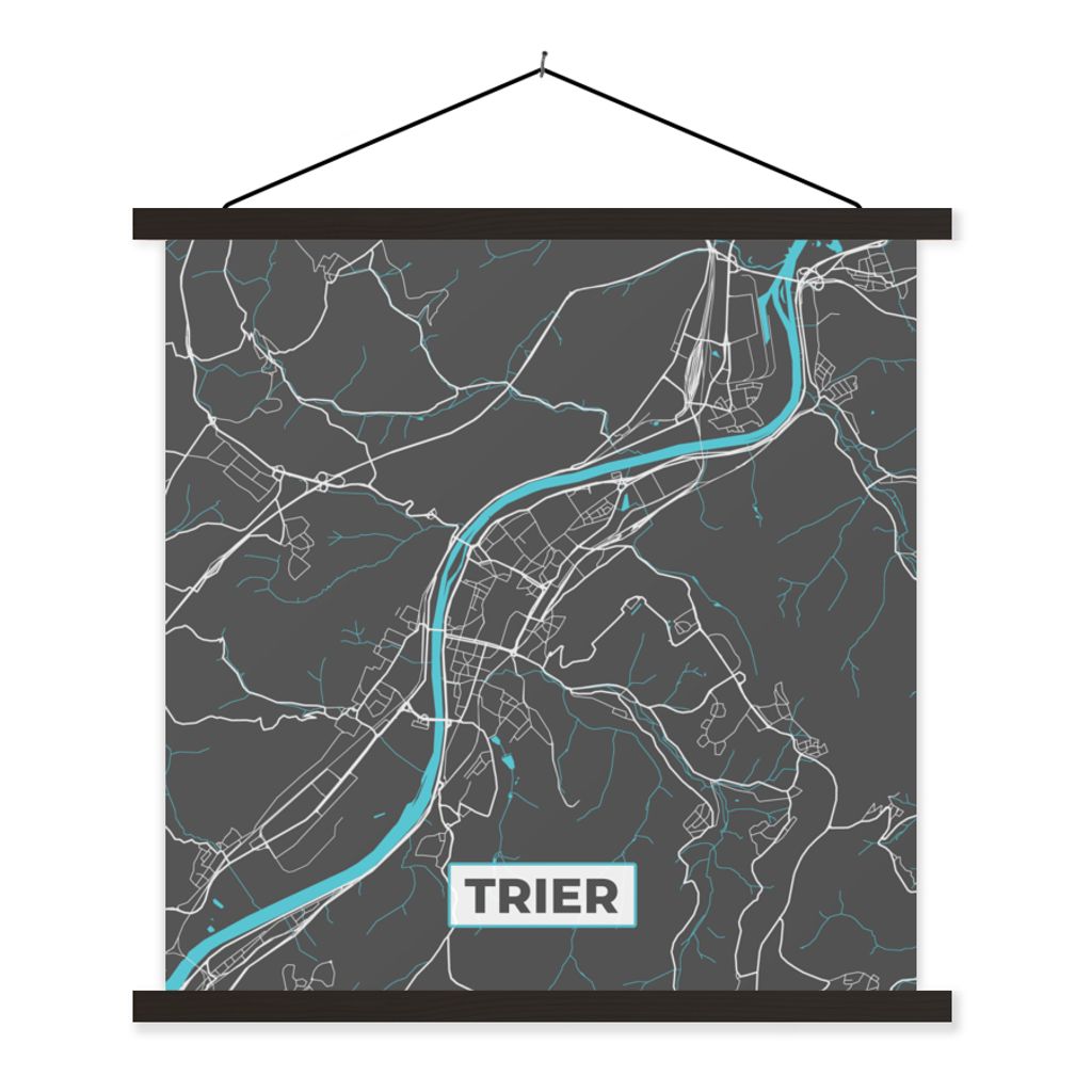 MuchoWow Textilposter Stadtplan - Deutschland - Blau - Trier - Karte 120x120 cm mit schwarzem Rahmen - Aufhängungsset