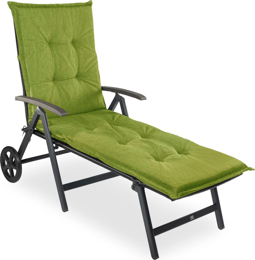 A green cushioned chaise lounge chair on a white background.