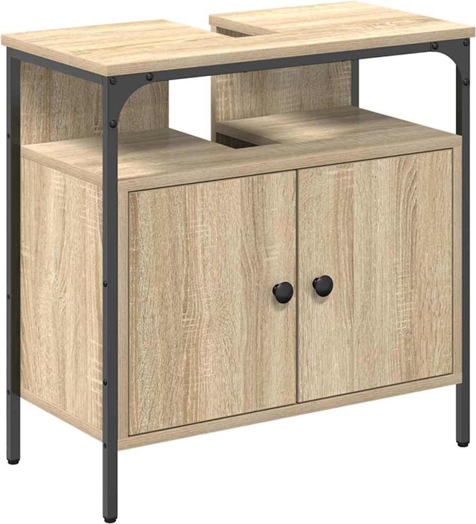 A standalone image of a bathroom cabinet with two doors and an open top shelf.