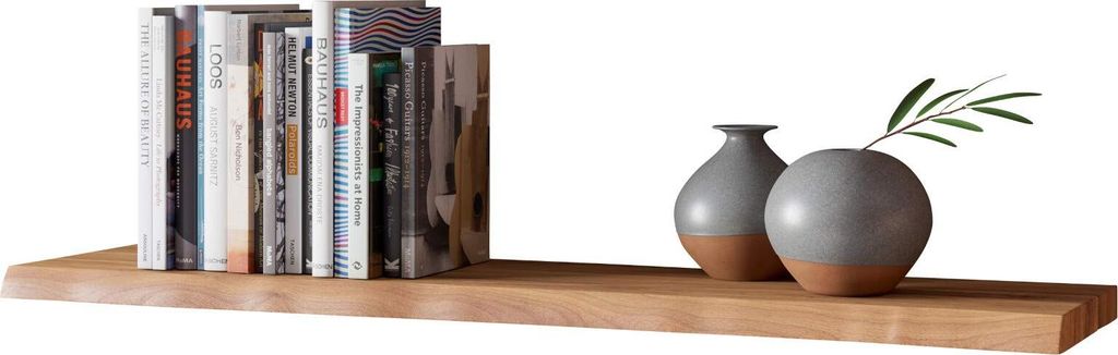 Wandregal SUVA, Akazienholz massiv, naturfarben & lackiert, Holzregal mit Baumkante, 120 cm Regal