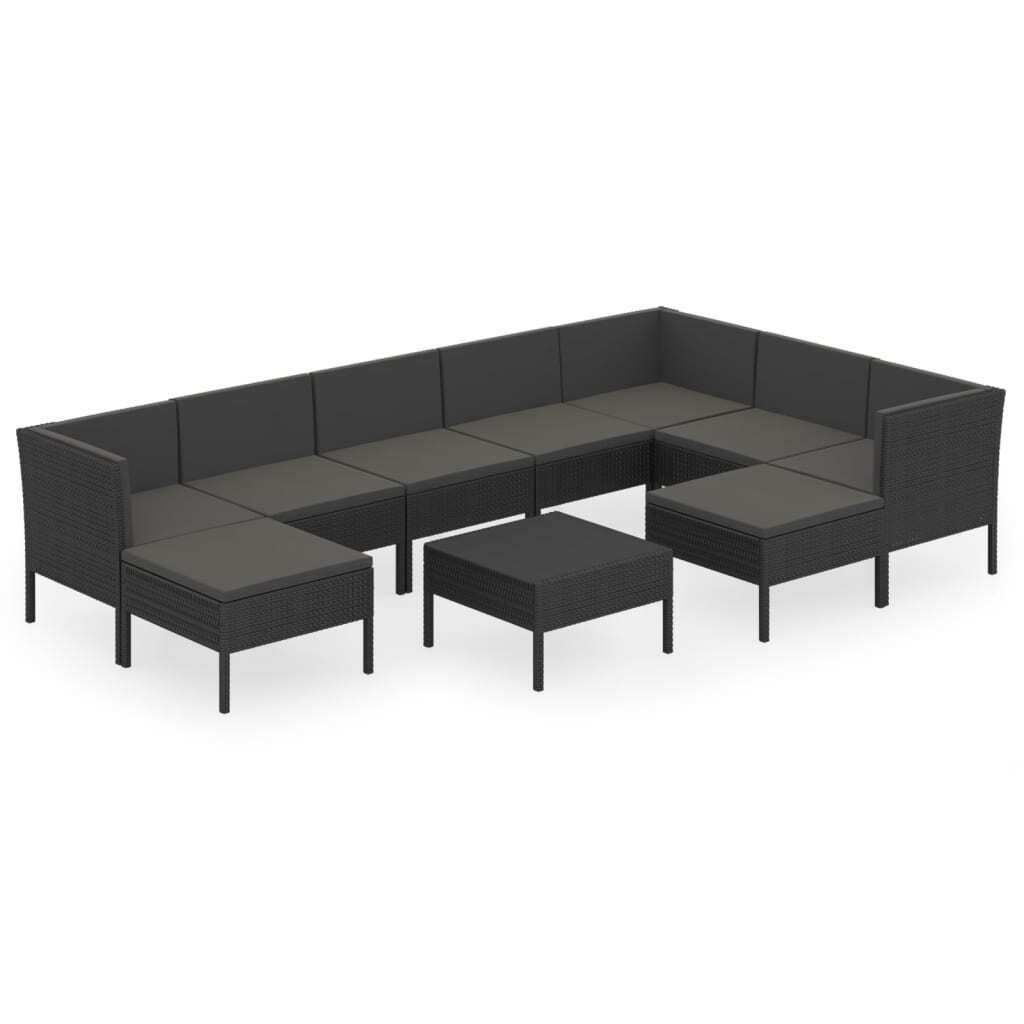 vidaXL 10-tlg. Garten-Lounge-Set mit Auflagen Poly Rattan Schwarz
