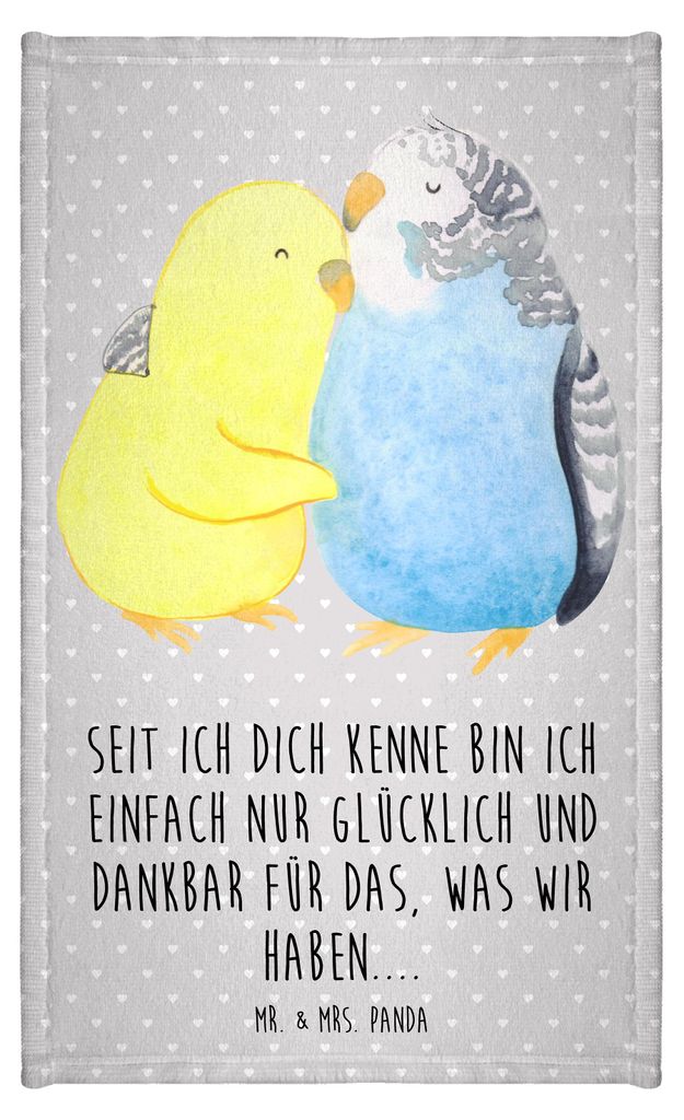Mr. & Mrs. Panda Handtuch Wellensittich Liebe - Grau Pastell - Geschenk, Kleines, Frotteetuch, Gästehandtuch 30x50, Umarmen, Nähe, Freundin, Verk...